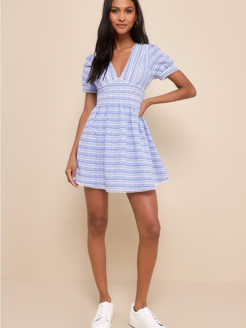 Lulu's Blue and White Mini Dress with V-Neck